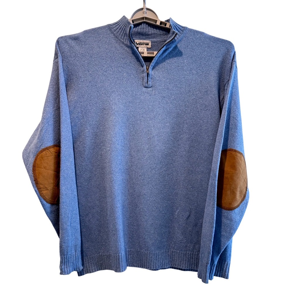 Visitor Mens Large Blue Silk Wool Quarter Zip Sweater Suede Elbow Patches VTG